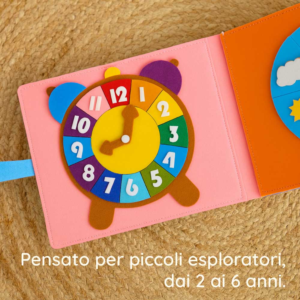 Dettaglio di attività in feltro del libro Montessori Giocasoft per stimolare abilità motorie