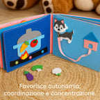 Dettaglio di attività in feltro del libro Montessori Giocasoft per stimolare abilità motorie